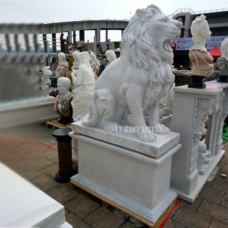 Stone Lions in Front of House, Paired Lion Sculpture