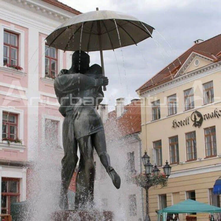 boy and girl umbrella bronze square sculpture