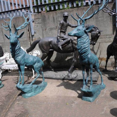 Whitetail deer sculpture is a small sculpture of a running white tailed deer. This sculpture is a male white tailed deer with beautiful antlers and a female white tailed deer running over rocks