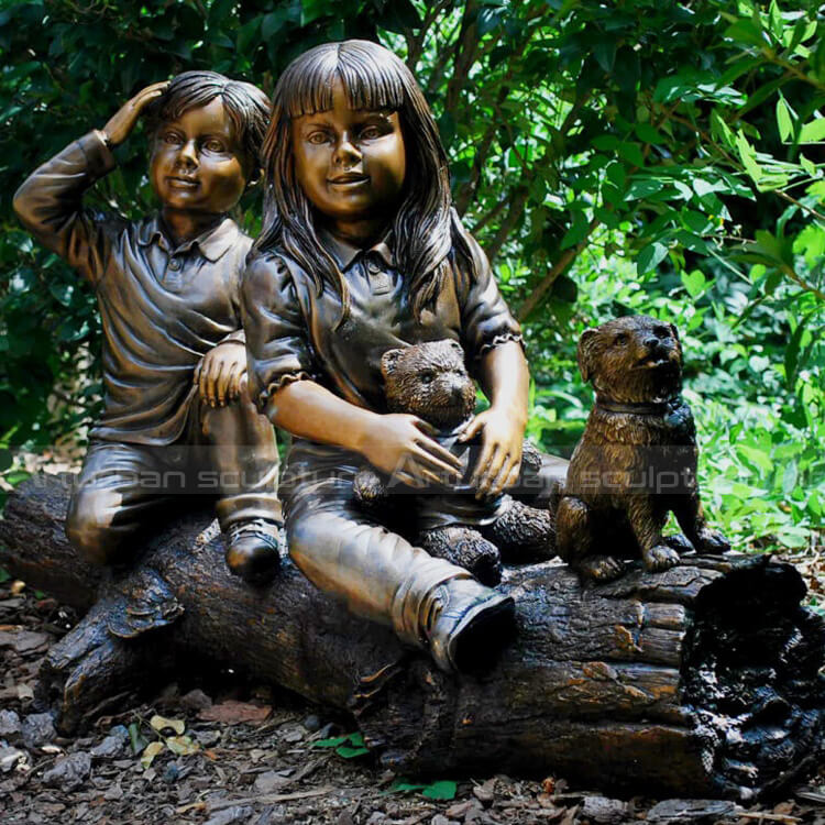 Two kids with dog on log Bronze Statue