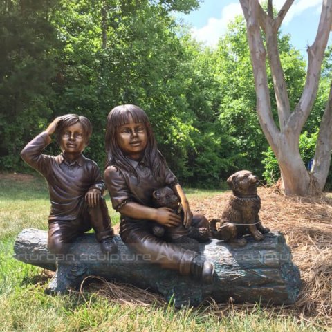 Two kids with dog on log Bronze Statue