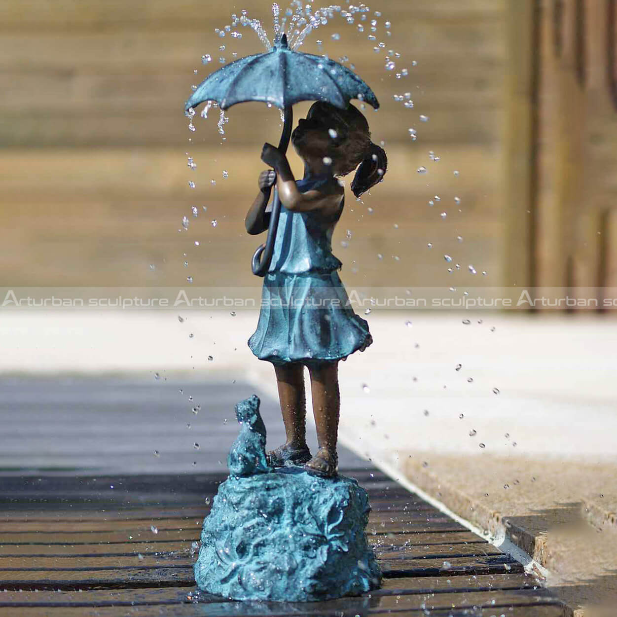 girl under umbrella fountain