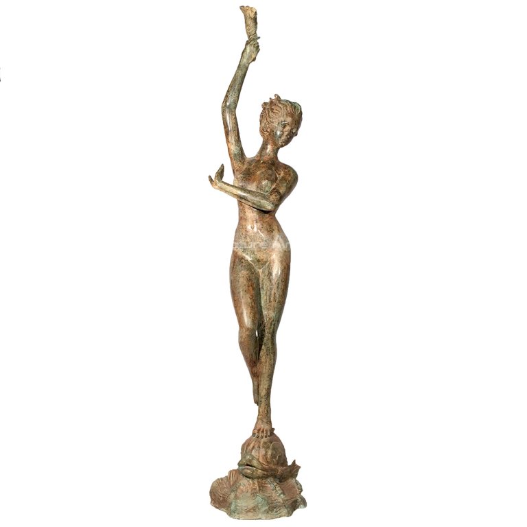 Bronze Art Deco Lady Statue, Holding a Shell Sculpture