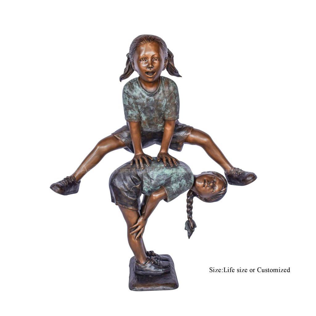 two girls playing leapfrog statue