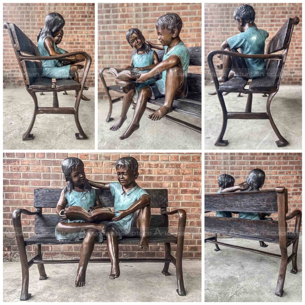 boy and girl reading book garden statue