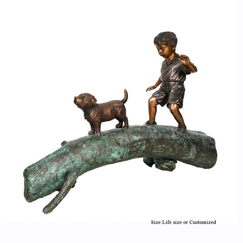 boy and dog on log statue