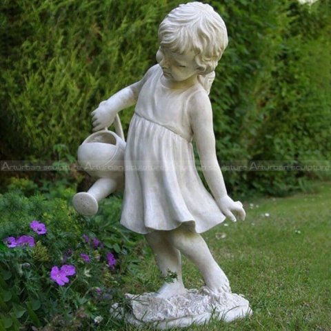 girl watering flowers sculpture