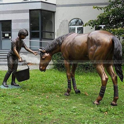 bronze girl with horse sculpture