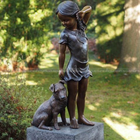 girl and dog bronze sculpture