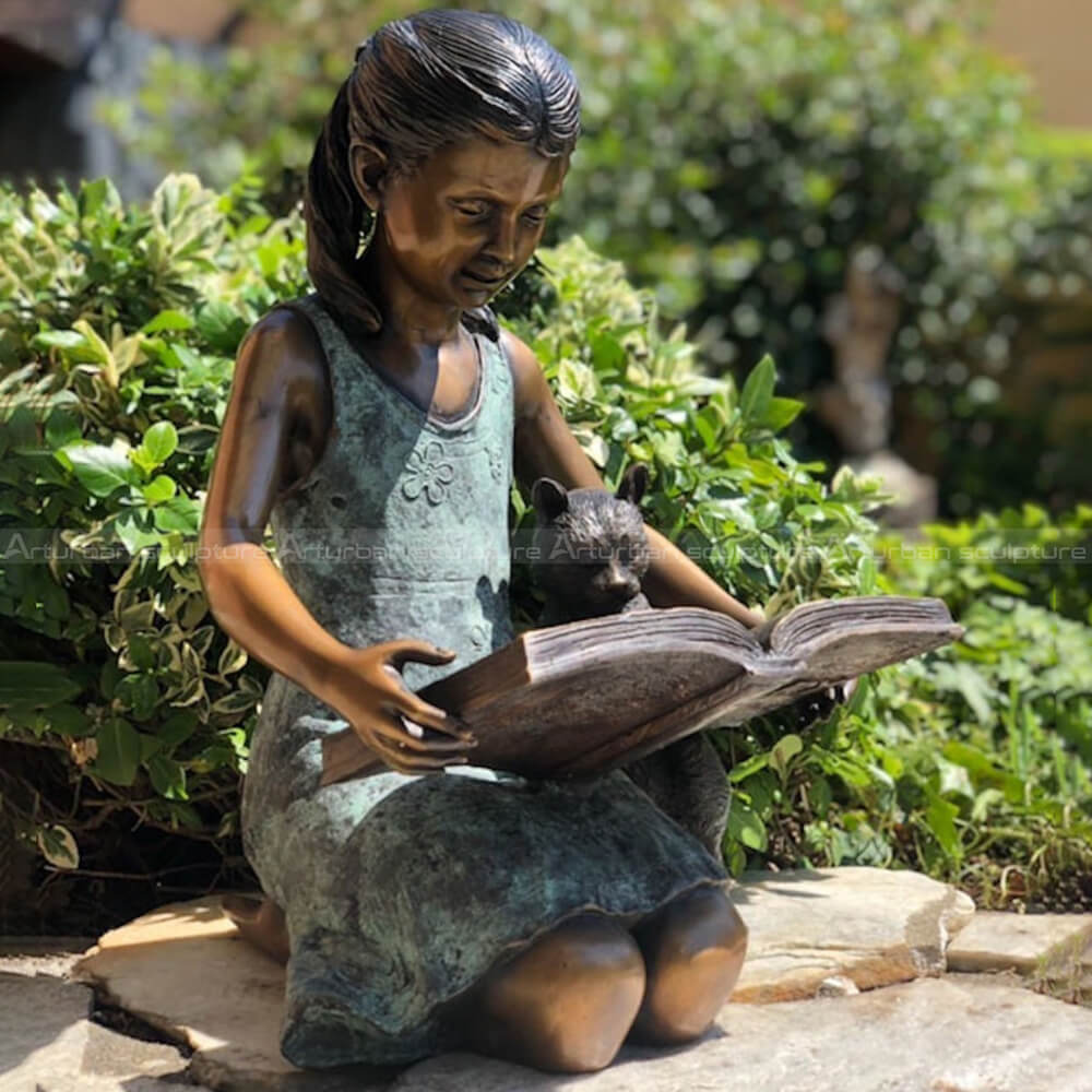 Reading Girl with Cat Statue