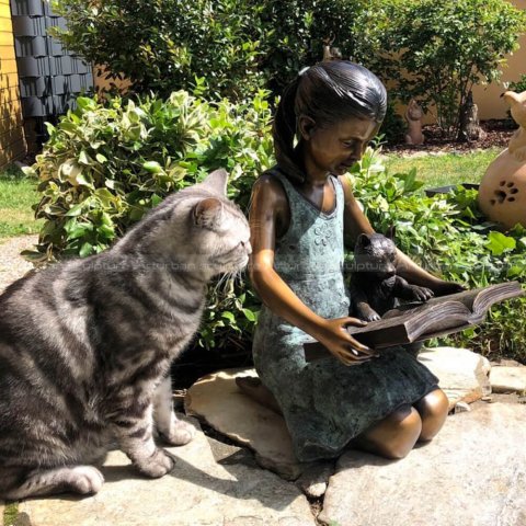 Reading Girl with Cat Statue